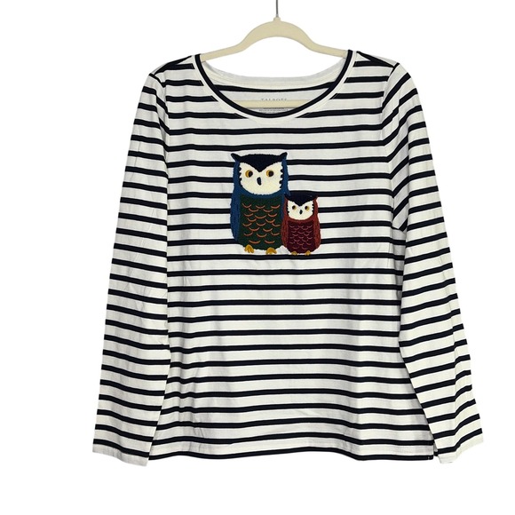Talbots Tops - Talbots Women's Navy White Striped Owl‎ Applique Cotton Long Sleeve Top L NEW